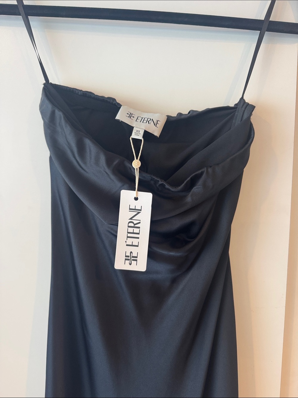 Eterne Strapless Black Satin Cowl Neck Dress